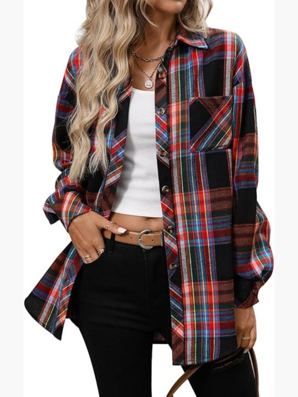 Oversized Flannel Button Down Plaid Long Sleeve Top Blouse